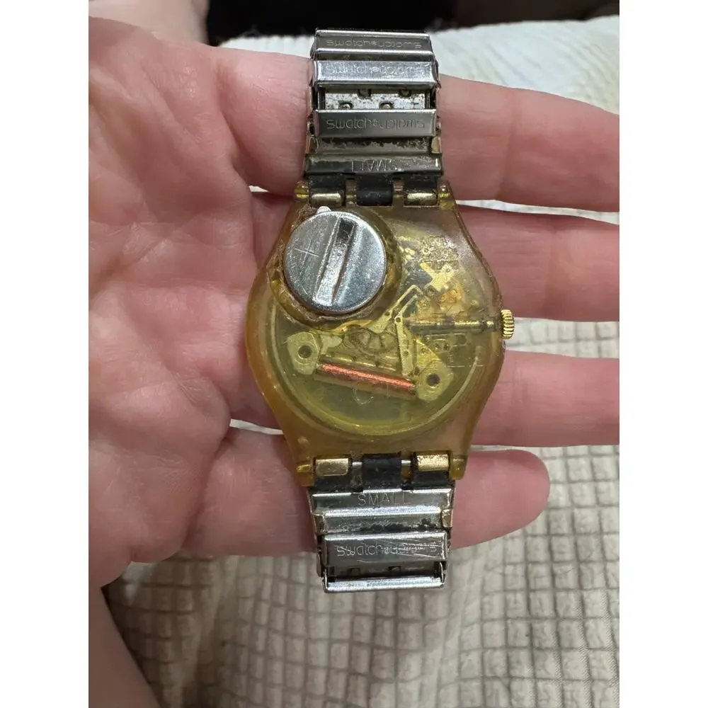 Vintage 1991 Swatch Swiss Watch | Gold Dial & Stretch Band | New Battery | Runs